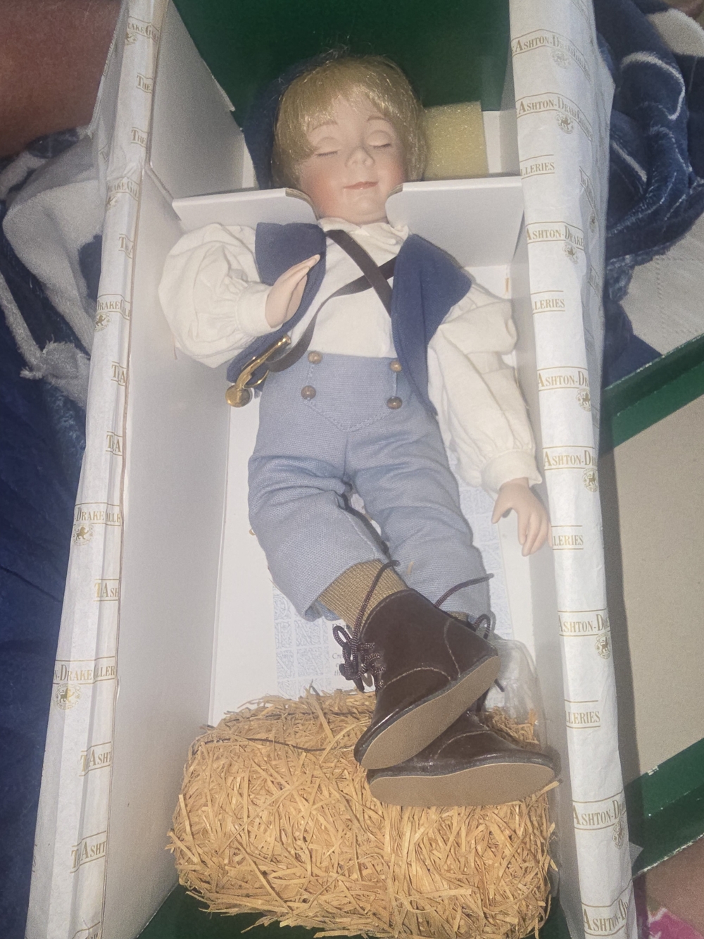 Blue Outfit Boy Porcelain Doll - Blonde Hair